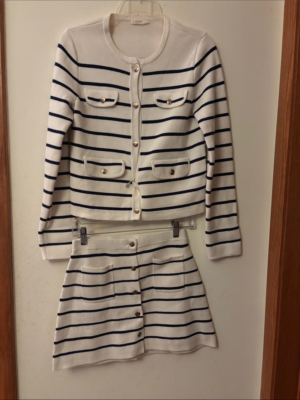 Crewcuts White and Navy Striped Knit Cardigan and Skirt Set
